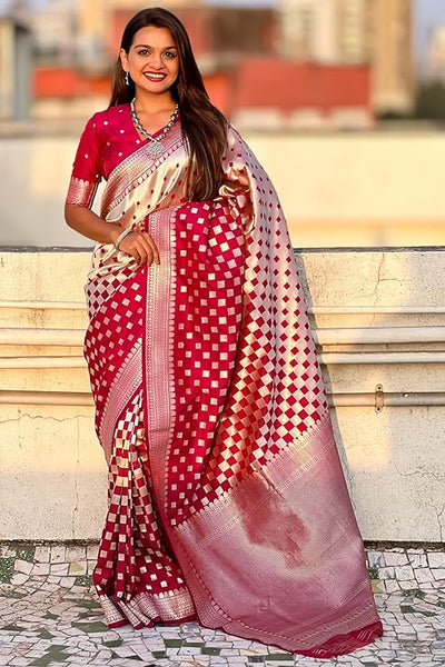 Gleaming Red Soft Silk Saree With Vibrant Blouse Piece