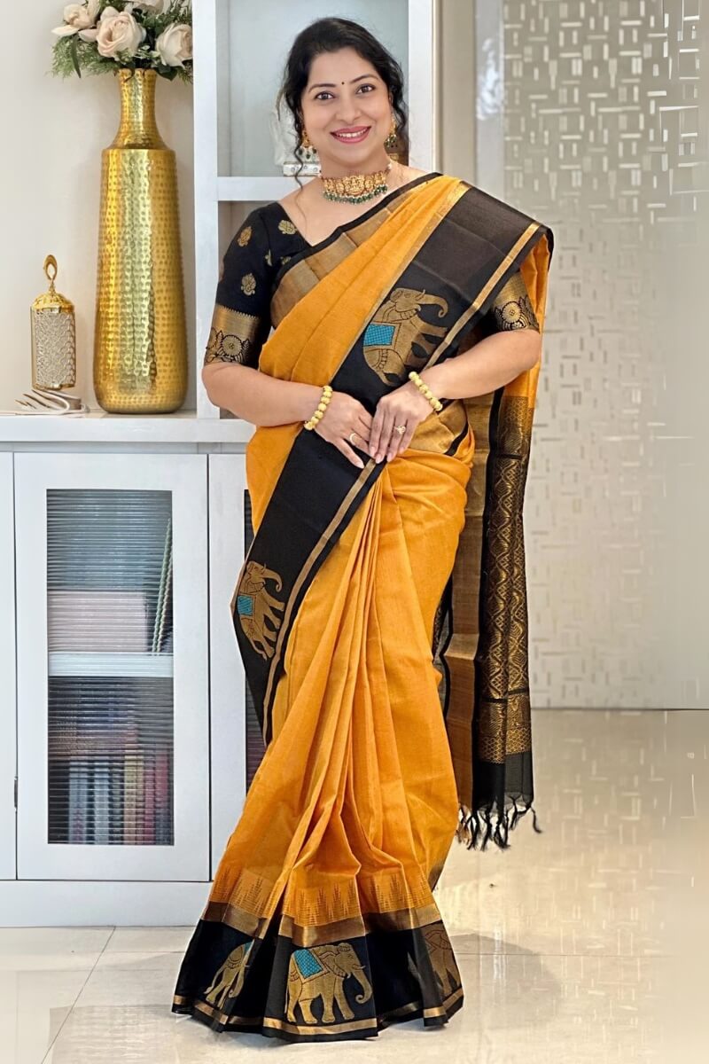 Vestigial Mustard Soft Silk Saree With Adorable Blouse Piece
