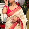 Elision Beige Soft Silk Saree With Elaborate Blouse Piece