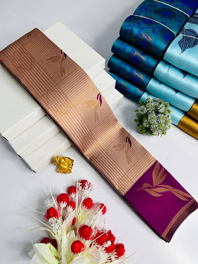 Fugacious Beige Soft Banarasi Silk Saree With Lagniappe Blouse Piece