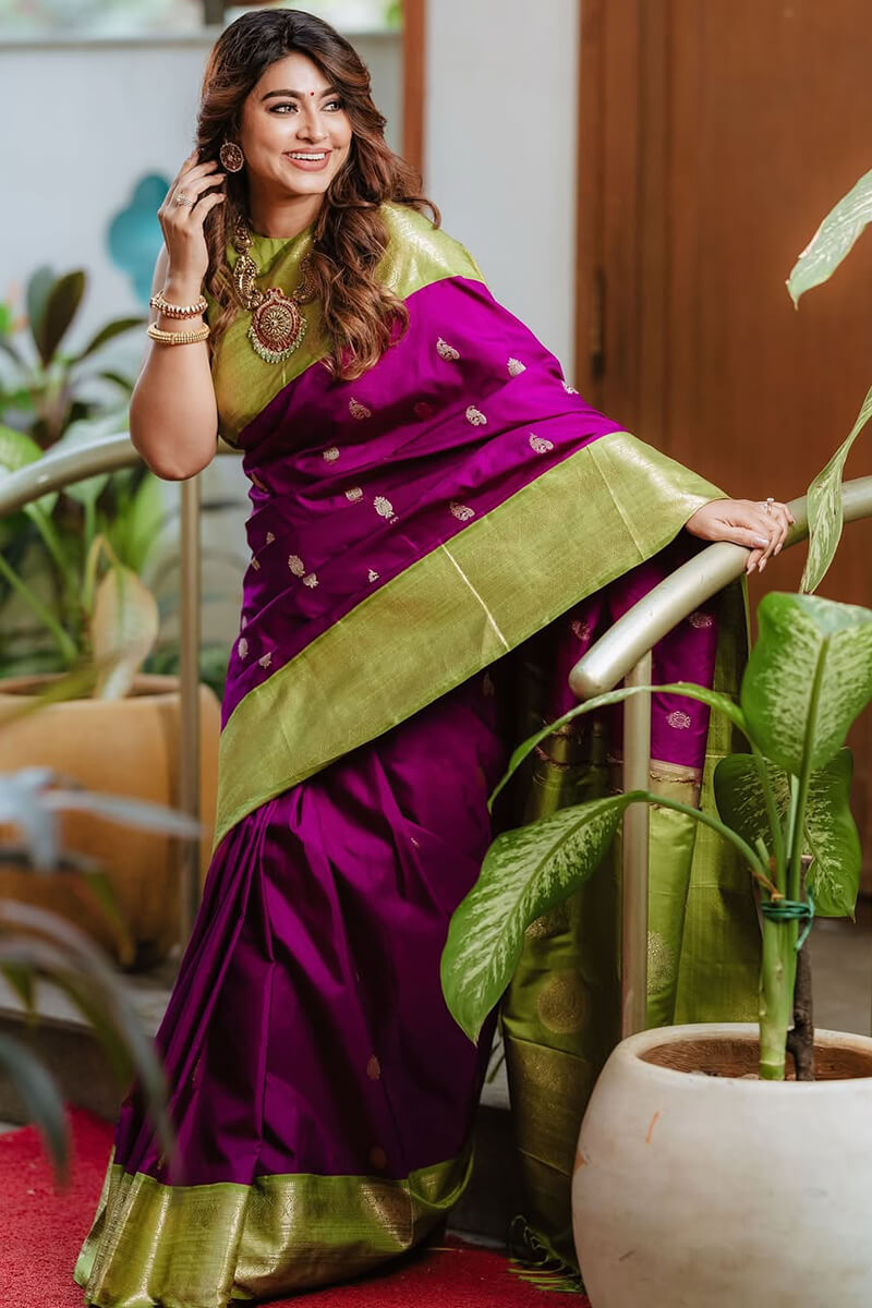Stylish Purple Soft Silk Saree With Elision Blouse Piece