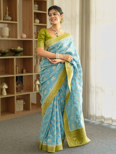 Devastating Sky Soft Silk Saree With Glamorous Blouse Piece