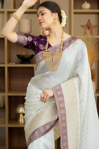 Girlish Beige Soft Silk Saree With Outstanding Blouse Piece