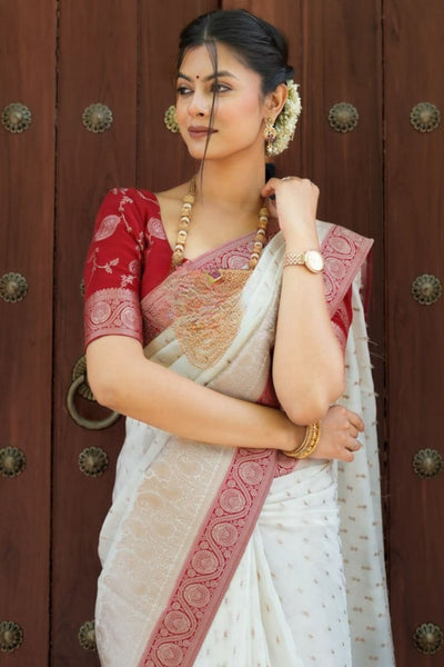 Admirable Off White Soft Silk Saree With Gossamer Blouse Piece