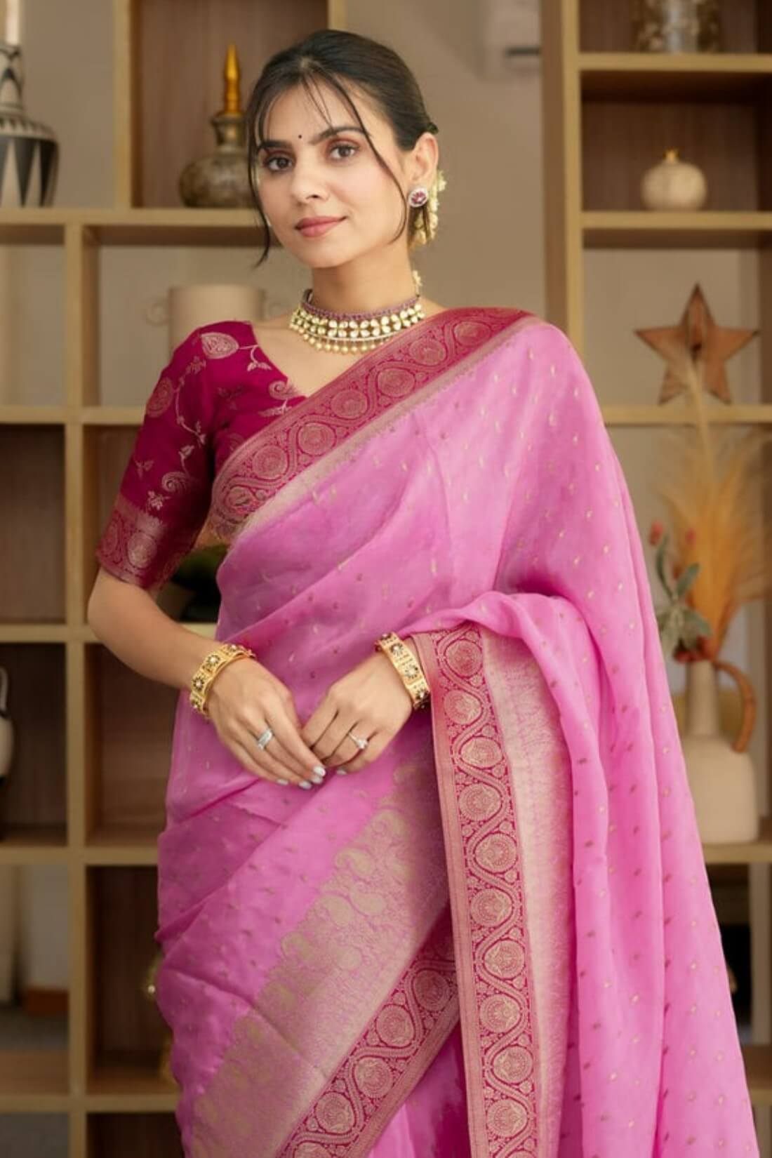 Pulsating Pink Soft Silk Saree With Opulent Blouse Piece