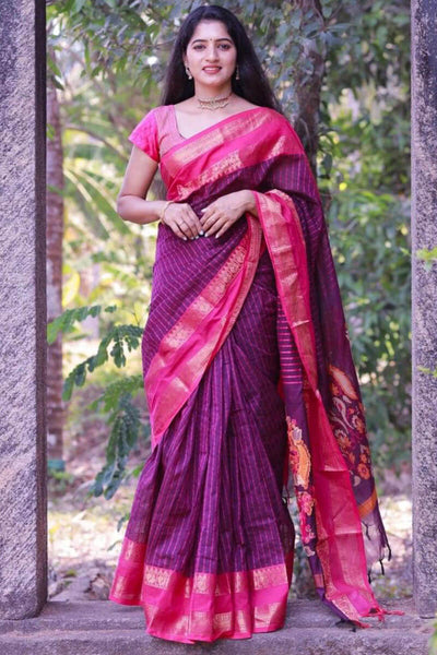 Sensational Purple Cotton Silk Saree With Innovative Blouse Piece