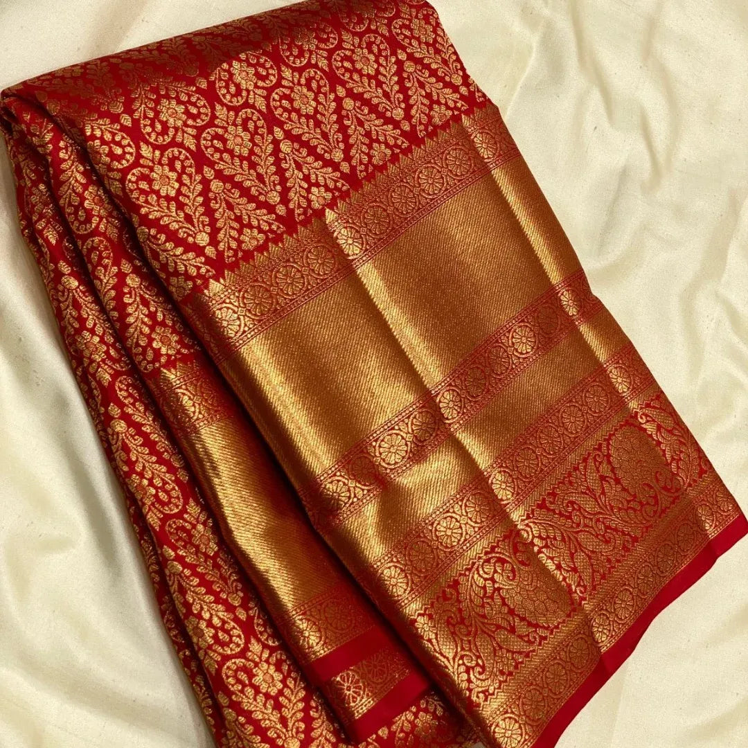 Serendipity Red Soft Banarasi Silk Saree With Lissome Blouse Piece