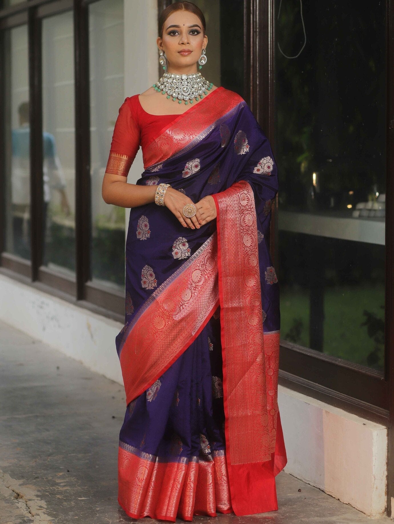 Embrocation Navy Blue Soft Silk Saree With Glowing Blouse Piece