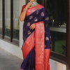Embrocation Navy Blue Soft Silk Saree With Glowing Blouse Piece
