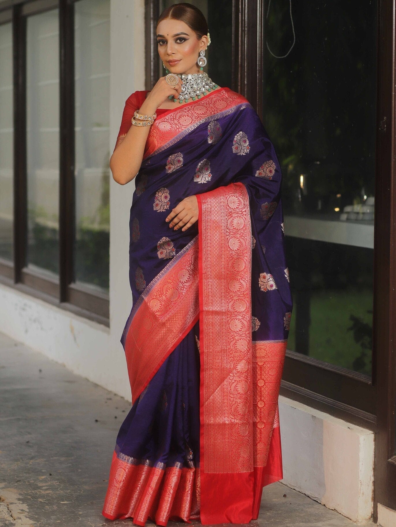 Embrocation Navy Blue Soft Silk Saree With Glowing Blouse Piece