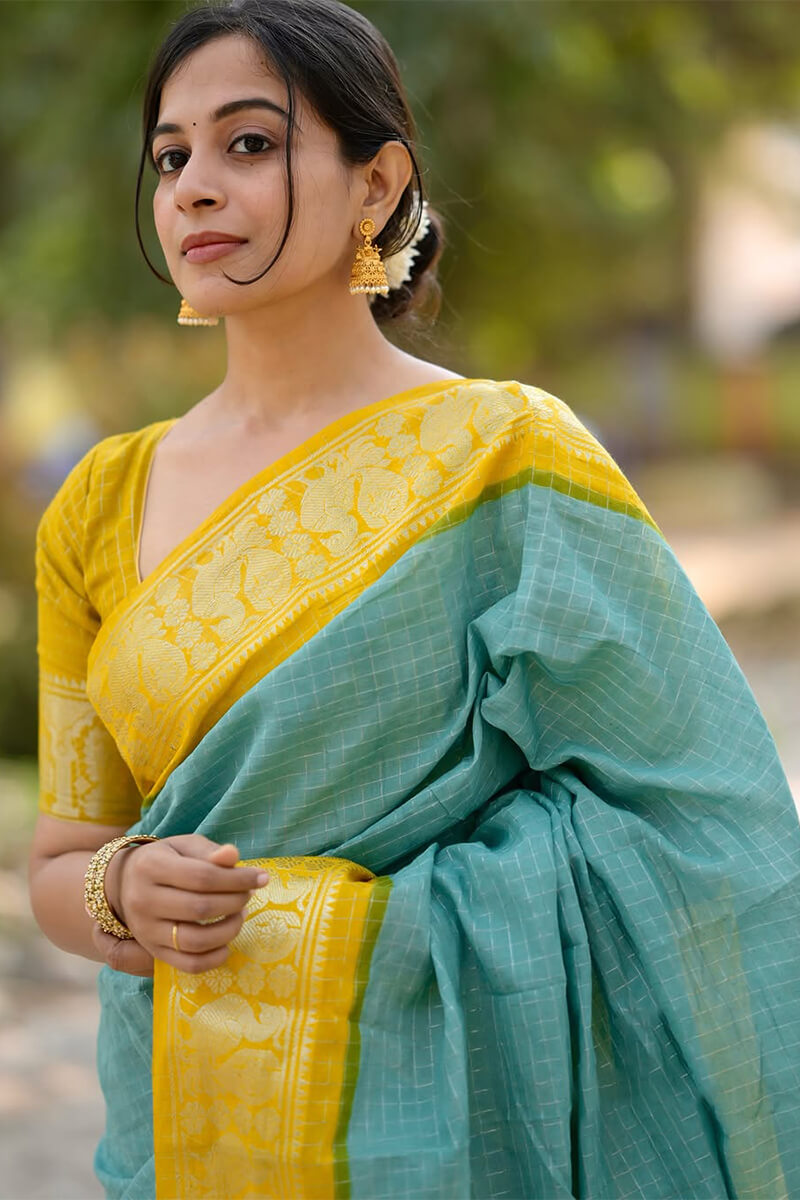 Ebullience Firozi Soft Silk Saree With Artistic Blouse Piece
