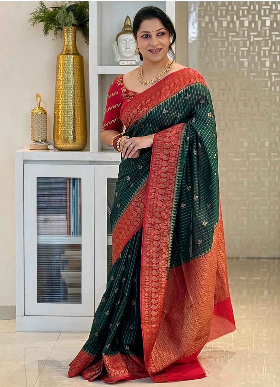 Enamoring Dark Green Soft Silk Saree With Jazzy Blouse Piece