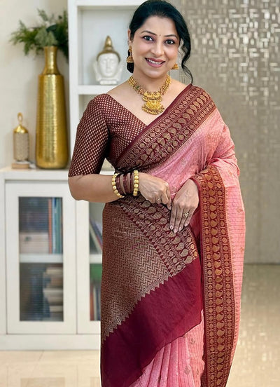 Fantabulous Pink Soft Silk Saree With Attractive Blouse Piece
