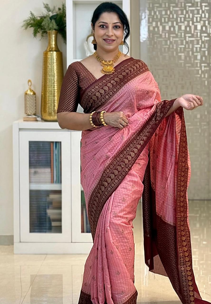 Fantabulous Pink Soft Silk Saree With Attractive Blouse Piece