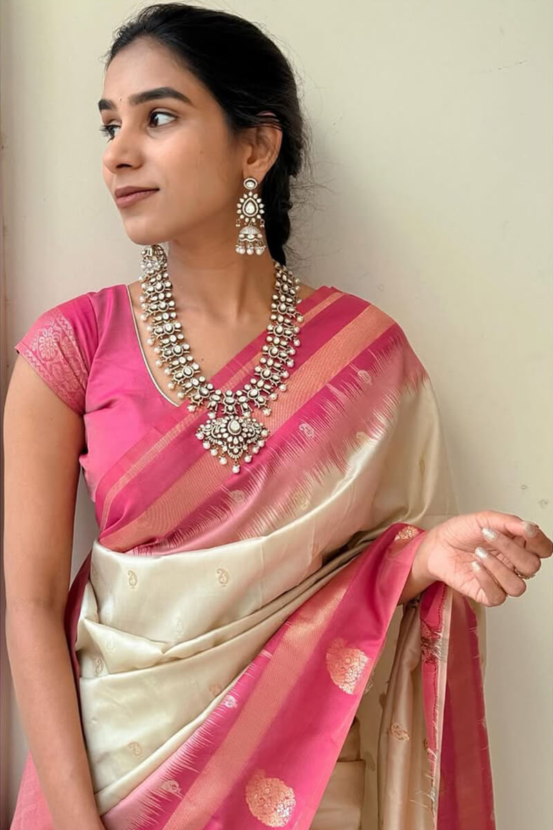 Cynosure Biege Soft Silk Saree With Delightful Blouse Piece