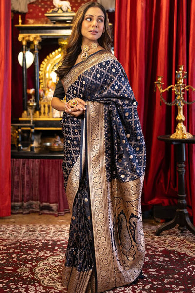 Exemplary Navy Blue Soft Banarasi Silk Saree With Panoply Blouse Piece