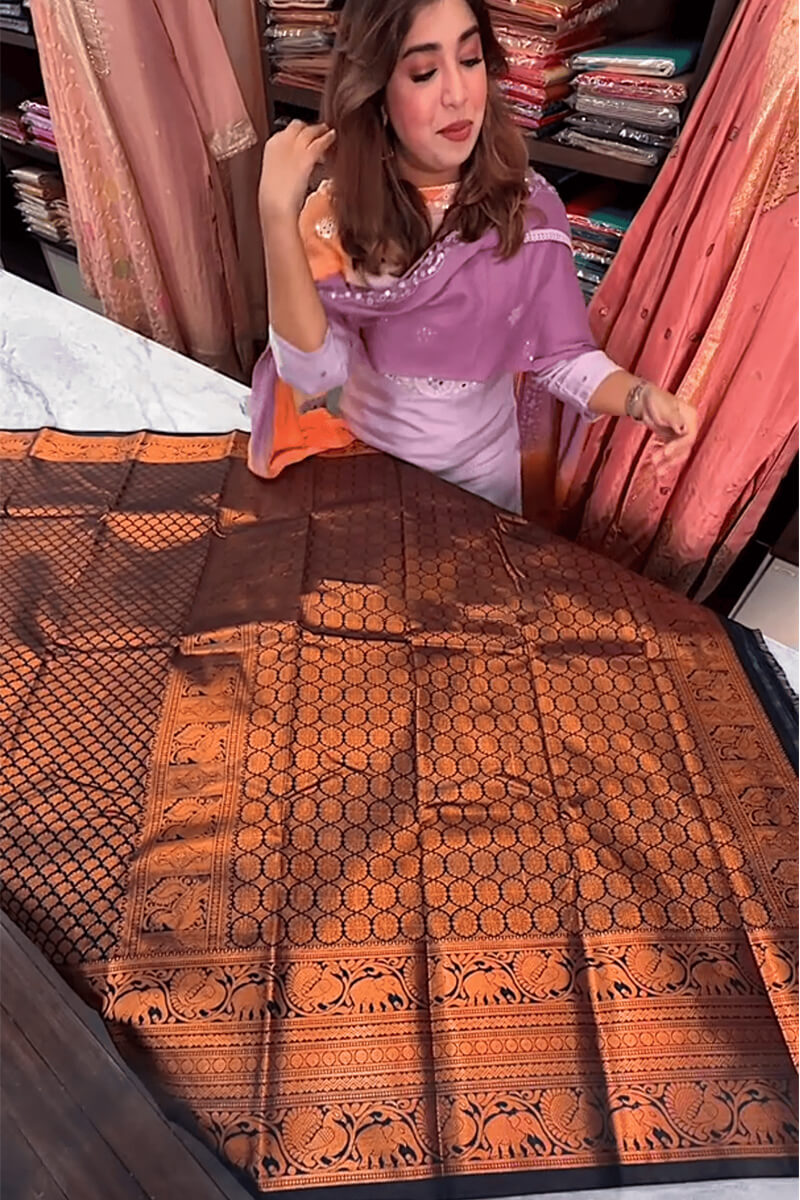 Surreptitious Navy Blue Soft Banarasi Silk Saree With Unique Blouse Piece