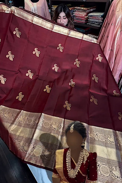 Enthralling Wine Soft Banarasi Silk Saree With Petrichor Blouse Piece