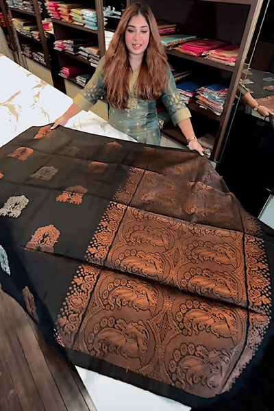 Gratifying Black Soft Banarasi Silk Saree With Intricate Blouse Piece