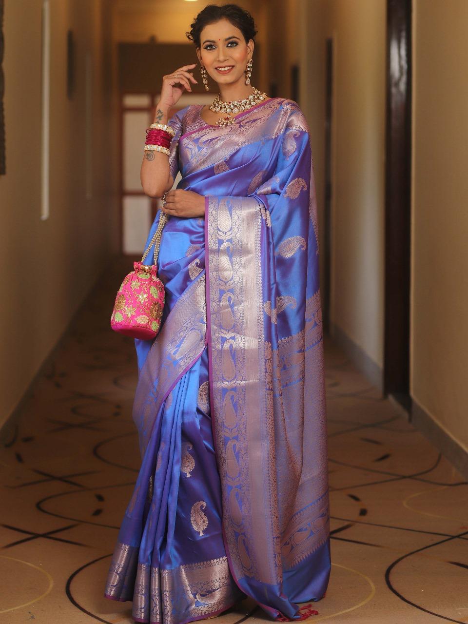 Groovy Blue Soft Banarasi Silk Saree With Artistic Blouse Piece