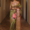 Enthralling Mehndi Soft Banarasi Silk Saree With Deserving Blouse Piece