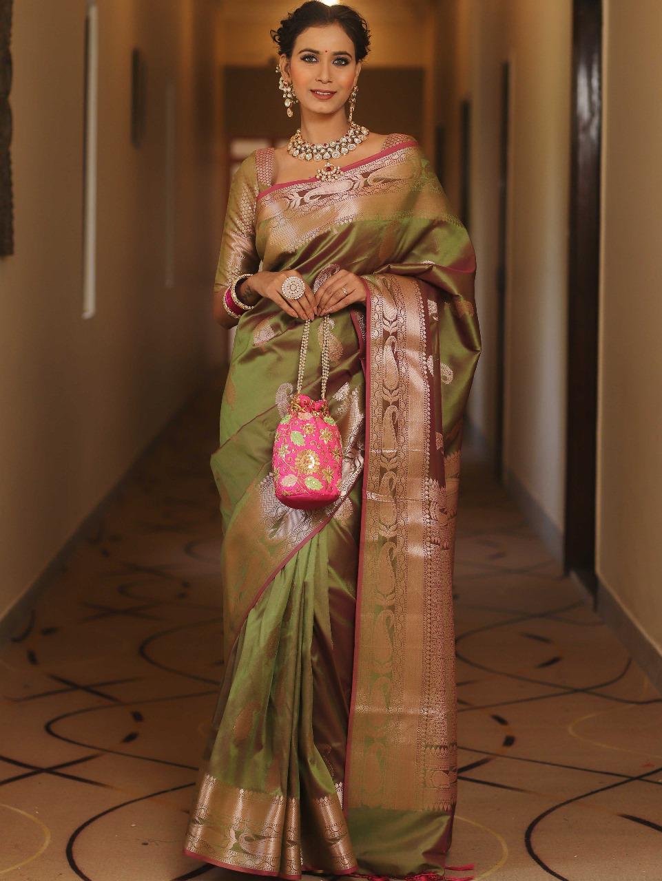 Enthralling Mehndi Soft Banarasi Silk Saree With Deserving Blouse Piece