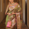 Enthralling Mehndi Soft Banarasi Silk Saree With Deserving Blouse Piece