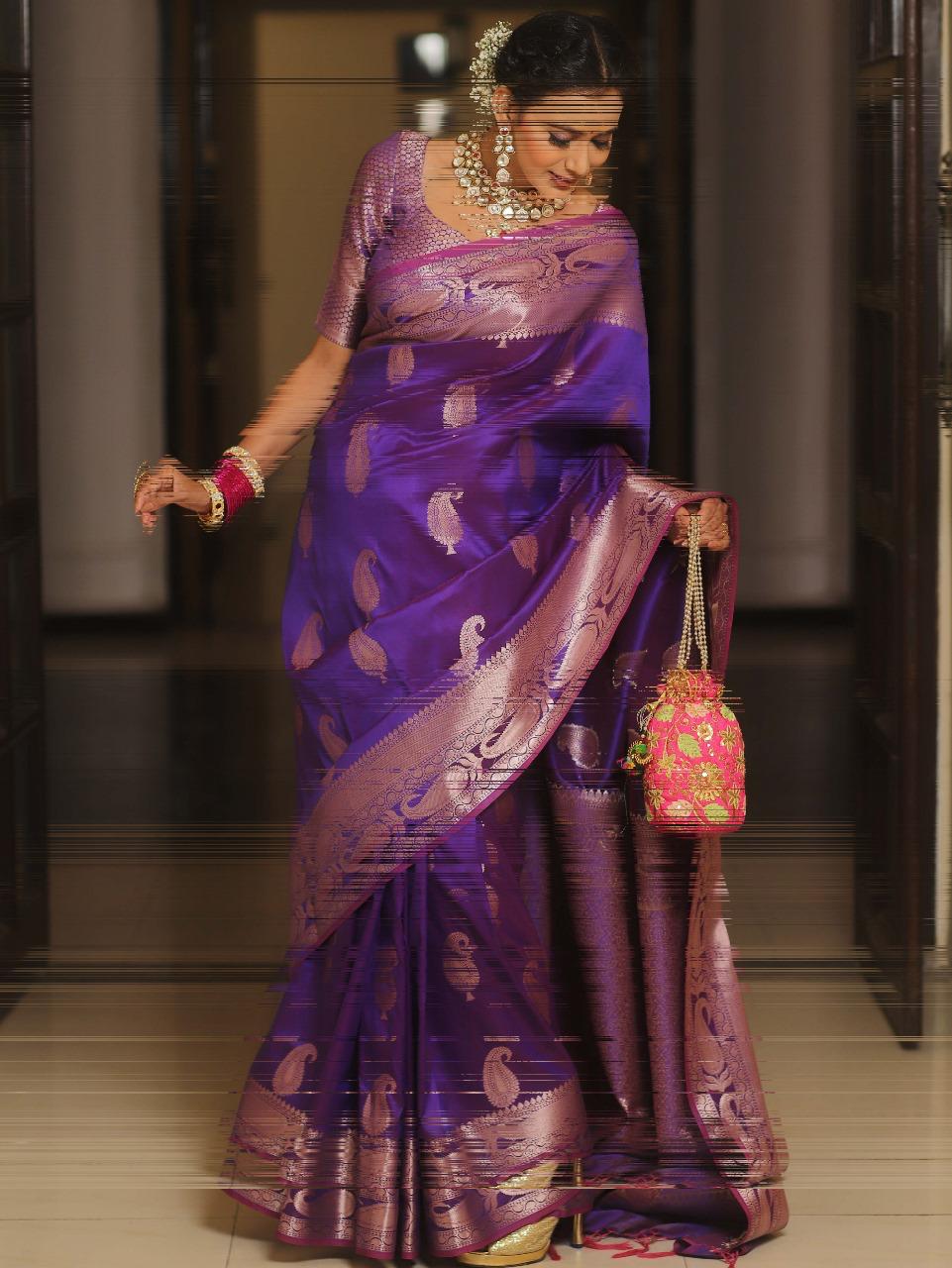 Prettiest Purple Soft Banarasi Silk Saree With Ailurophile Blouse Piece