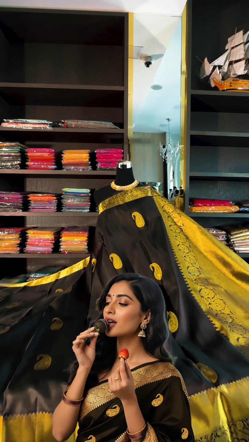 Lassitude Black Soft Banarasi Silk Saree With Glowing Blouse Piece