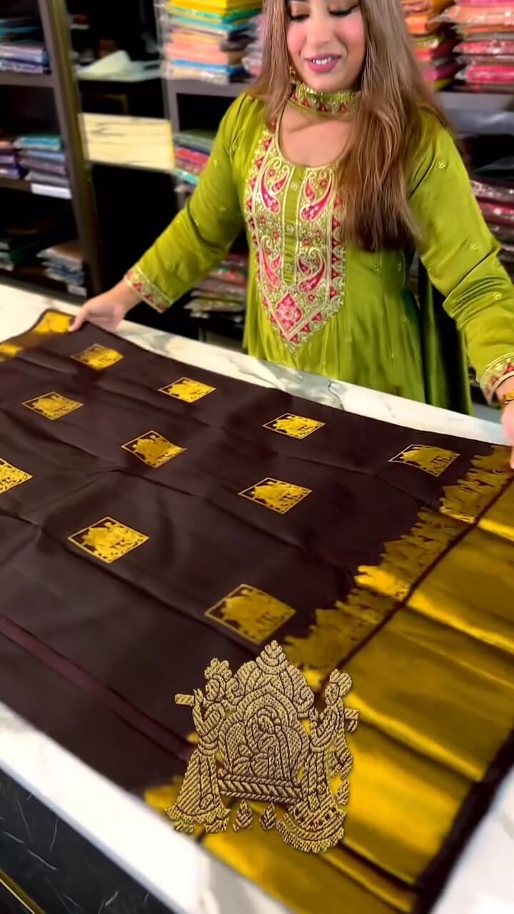 Artistic Brown Soft Banarasi Silk Saree With Snappy Blouse Piece