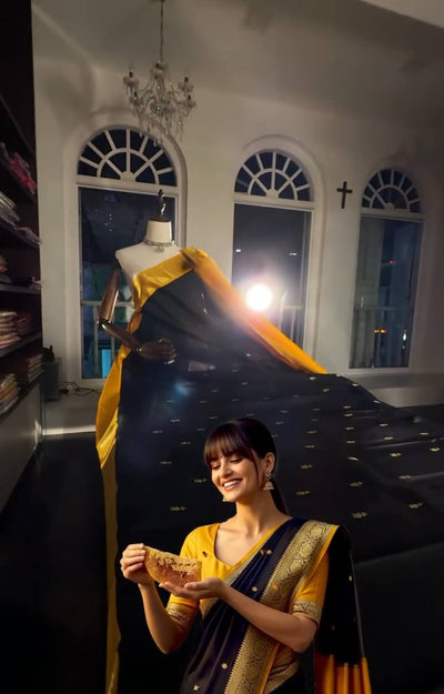 Fairytale Black Soft Banarasi Silk Saree With Pulsating Blouse Piece