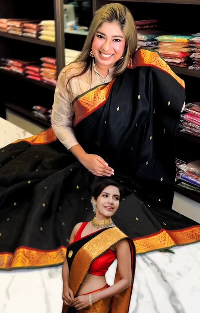 Magnificat Black Soft Banarasi Silk Saree With Confounding  Blouse Piece