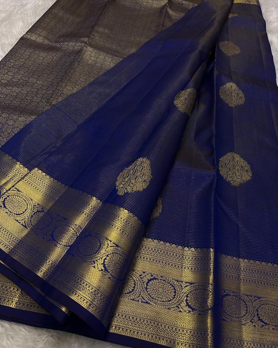 Zephyr Navy Blue Soft Banarasi Silk Saree With Forbearance Blouse Piece
