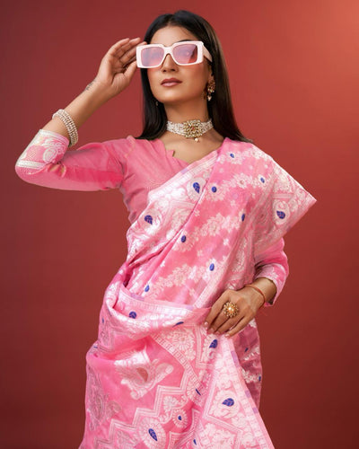 Embellished Pink Cotton Silk Saree With Opulent Blouse Piece