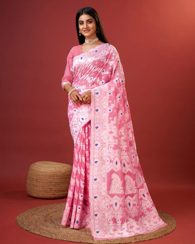Embellished Pink Cotton Silk Saree With Opulent Blouse Piece