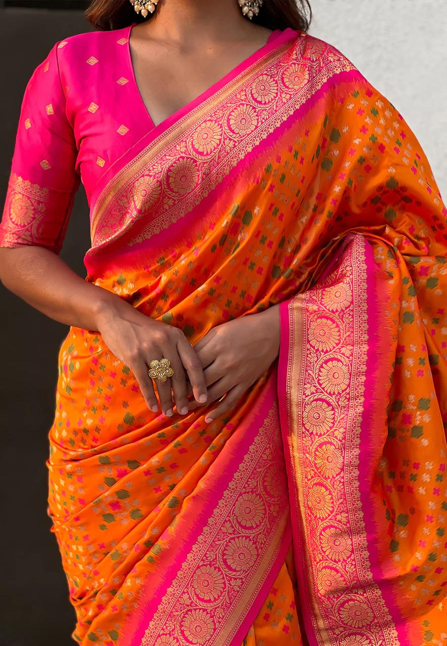 Imbrication Orange Soft Silk Saree With Rhapsodic Blouse Piece