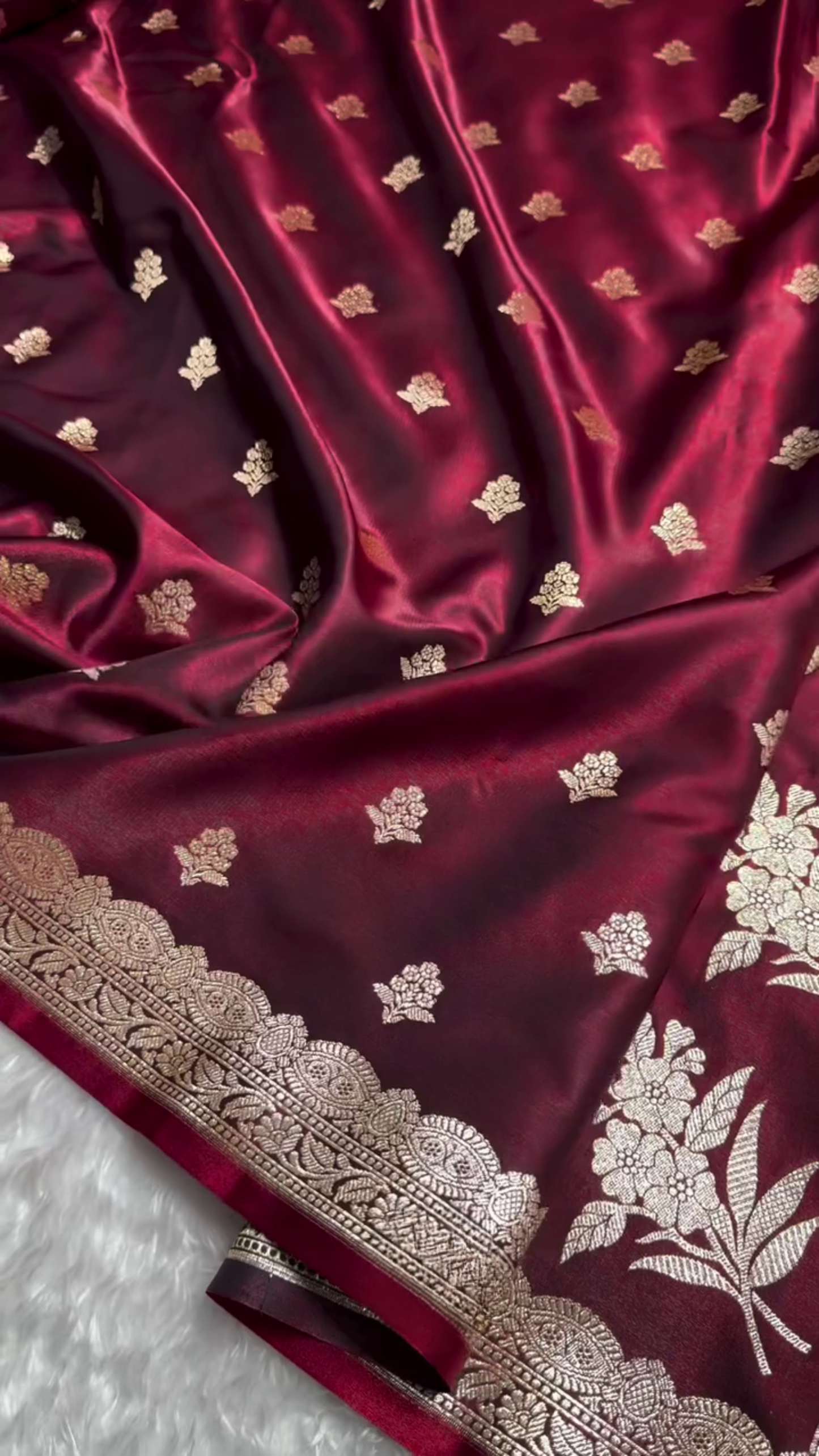 Wine Maroon Banarasi Silk Saree with Gold Zari Buti Motifs & Classic Woven Border