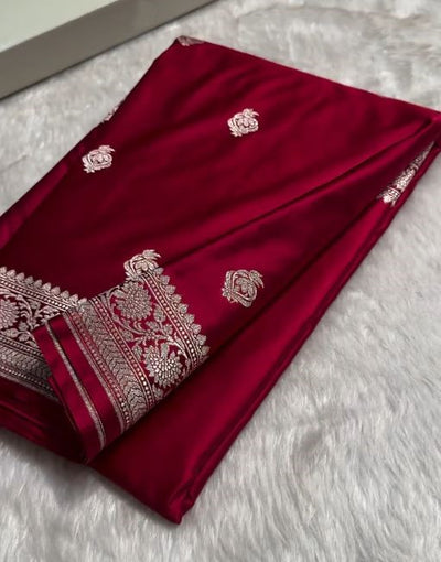 Ruby Red Banarasi Silk Saree with Silver Zari Buttas & Regal Woven Border