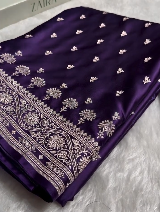 Royal Purple Satin Silk Saree with Elegant Silver Zari Weaving