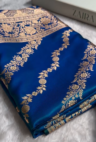 Royal Blue Banarasi Silk Saree with Elegant Golden Zari Floral Weaving