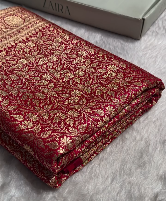 Rich Red Banarasi Brocade Silk Saree with All-Over Golden Zari Floral Weaving