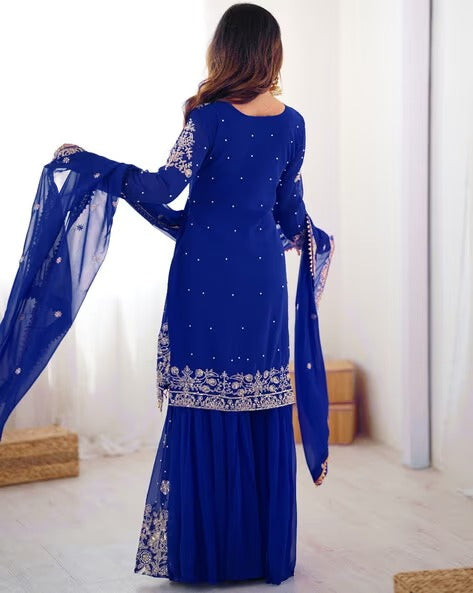 Designer Heavy Embroidered Kurta Sharara Suit Set with Dupatta | 10 Color Options