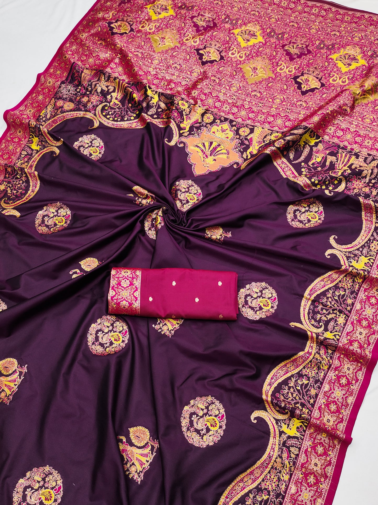 Wine Purple Printed Silk Saree with Magenta Ornate Border and Designer Pallu
