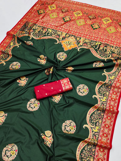 Bottle Green Printed Silk Saree with Red Ornate Border and Rich Designer Pallu