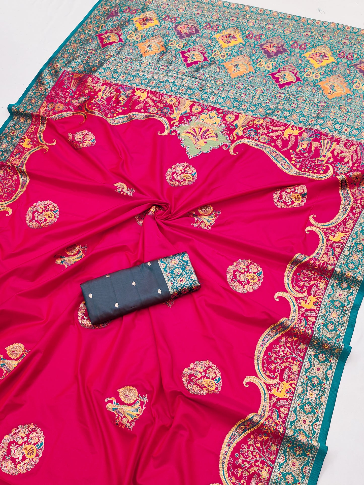 Rani Pink Printed Silk Saree with Teal Green Ornate Border and Designer Pallu