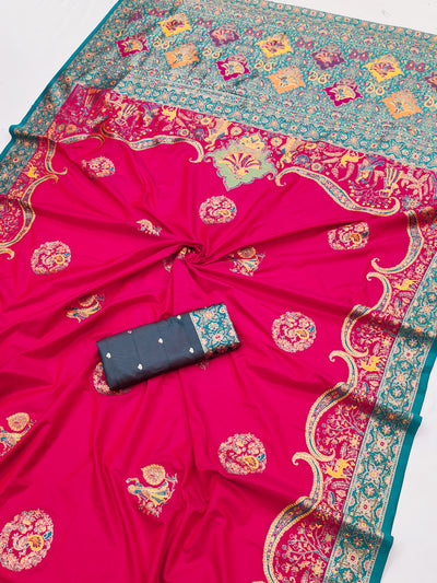 Rani Pink Printed Silk Saree with Teal Green Ornate Border and Designer Pallu