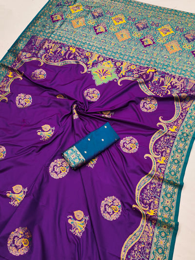 Royal Purple Printed Silk Saree with Teal Green Designer Border and Grand Pallu
