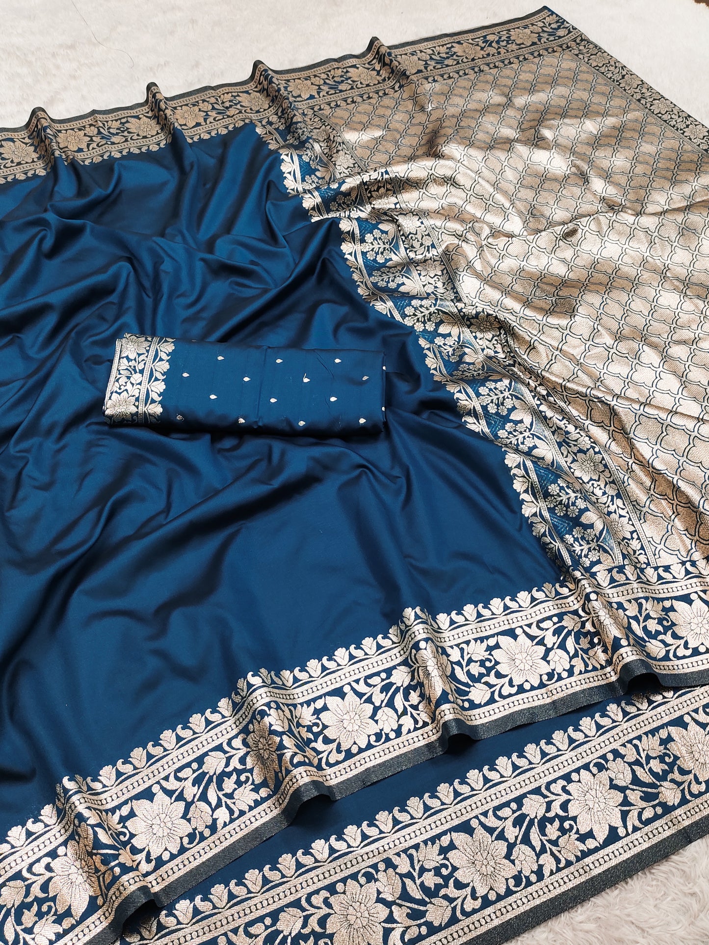 Royal Teal Blue Silk Saree with Antique Gold Floral Border & Designer Woven Pallu