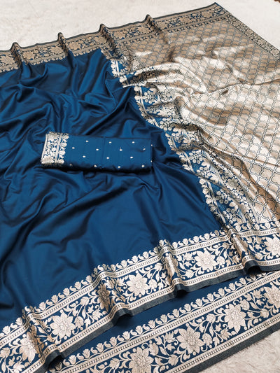 Royal Teal Blue Silk Saree with Antique Gold Floral Border & Designer Woven Pallu