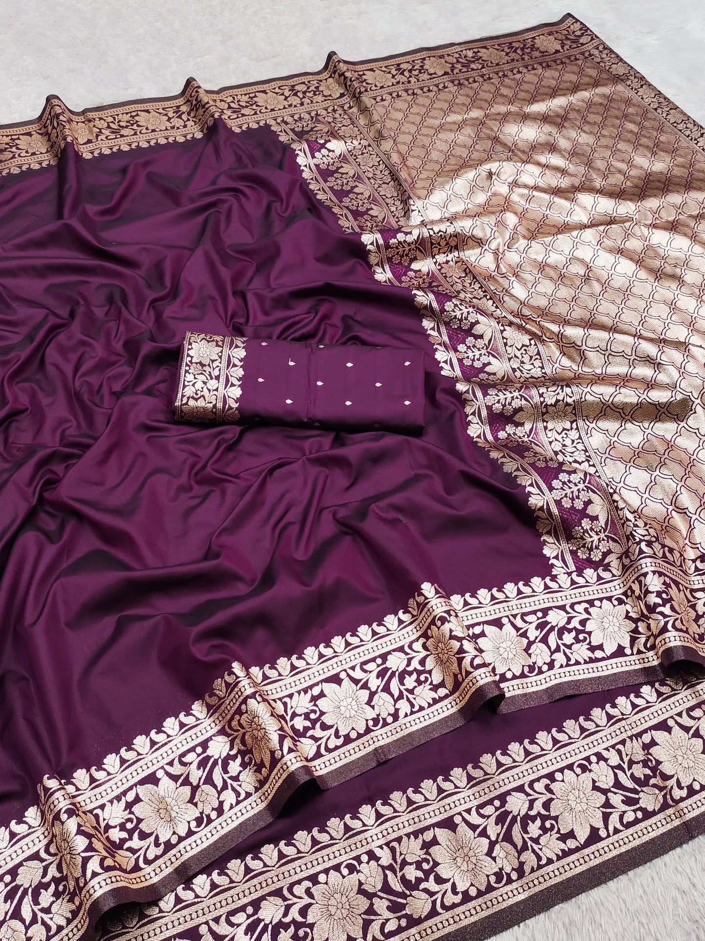 Wine Purple Silk Saree with Gold Floral Woven Border & Rich Pallu